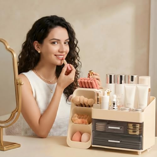 Makeup Organizer for Vanity with Brush Holder and 2 Drawers, Cream