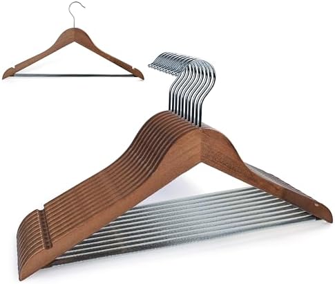 Premium Wooden Hangers 10 Pack, Solid Wood Hanger with Non Slip Pant Bar, Heavy Duty Wooden Coat Hanger, Smooth Finish Wood Clothes Hangers for Shirts, Suits, Jackets, Dress (Dark Brown)