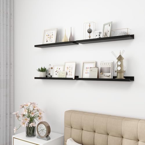 Acovy 24 inch Picture Ledge Shelf, Wood Floating Shelves Set of 4, Black
