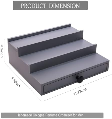 3 Tier Men's Cologne Organizer, Gray Wooden Display Stand with Drawer