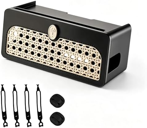 Black Faux Rattan Cable Management Box, Woven Power Strip Cover