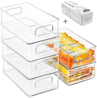 Stackable Refrigerator Organizer Bins, 6 Pack Clear Kitchen Organizer Container Bins with Handles and 20 PCS Plastic Bag