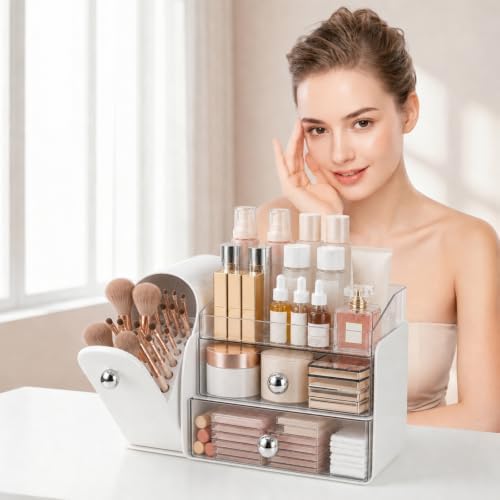 Makeup Organizer with Makeup Brush Holder, Vanity Organizer Large Cosmetic Display Cases, Skincare Organizers and Bathro