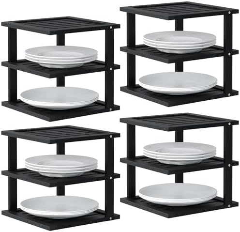 4 Pack Bamboo Corner Shelf,3 Tier Kitchen Cabinet Organizer for Plates and Dishes,Pantry Storage and Spice Rack（Black）