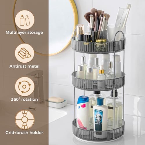 360° Rotating Makeup Organizer, Upgraded 3 Tier Skincare Perfume Organizers for Women, Bathroom Organizer Countertop, Cl