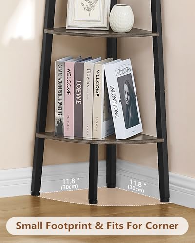 Hoctieon Corner Shelf, 4-Tier Corner Bookshelf, Rustic Ladder Shelf, Industrial Display Stand for Living Room, Kitchen, 