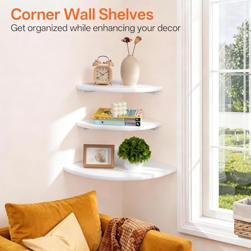 Gieanoo White Corner Wall Shelf 7inch Solid Oak Wood Floating Corner Shelf with Wire Hole Corner Wall Storage Display Sh