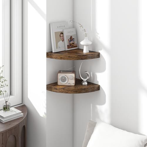 Fun Memories Floating Corner Shelves Set of 2 - Rustic Wood Wall Mounted Storage and Display Shelves for Living Room, Be