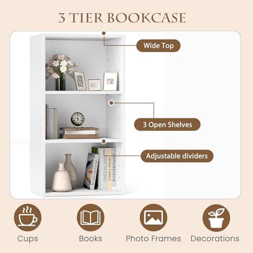 POWERSTONE 3 Tier Bookcase Set of 2, Small Open Bookshelf, Wooden Storage Book Shelf with Adjustable Panels for Living R