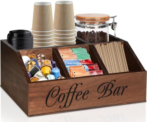 ugiftt Coffee Station Organizer for Counter, Wood Coffee Pods Holder Storage Basket, Tea Condiment Storage Organizer, Ru