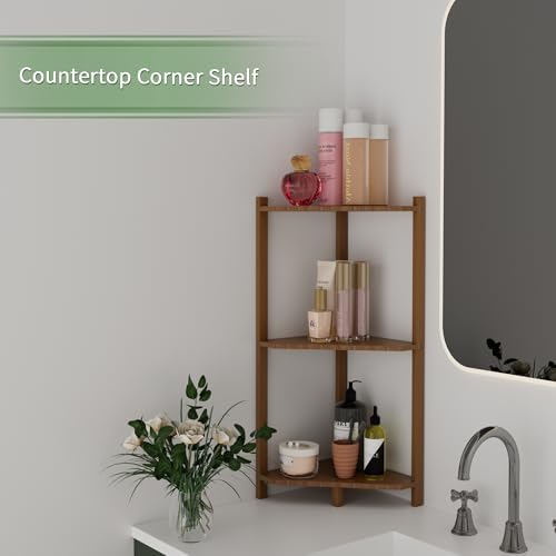 Wisuce Bamboo Small Corner Shelf Stand, 3-Tier Brown Corner Bookshelf