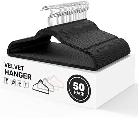 HealSmart Heavy Duty Velvet Hangers 50 Pack, Non-Slip Clothes Hangers with Shoulder Notches, 360° Swivel Hooks, Coat Suit Hangers for Closet Space Saving, Black