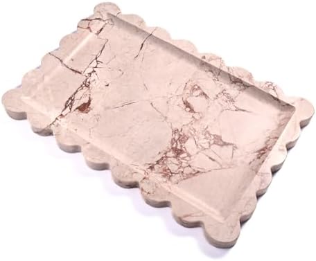 Yew & Tulip Natural Marble Vanity Tray with Scalloped Rim, Nature Rose Pink Luxury Stone Serving Tray for Bathroom, Kitc