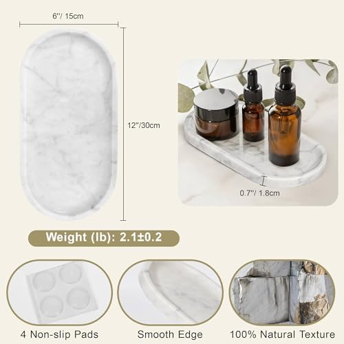 Natural Marble Tray for Vanity, 2" L x 6" W White and Gray Marble Tray with 4 Non-Slip Silicone Gaskets, Decorative Tray
