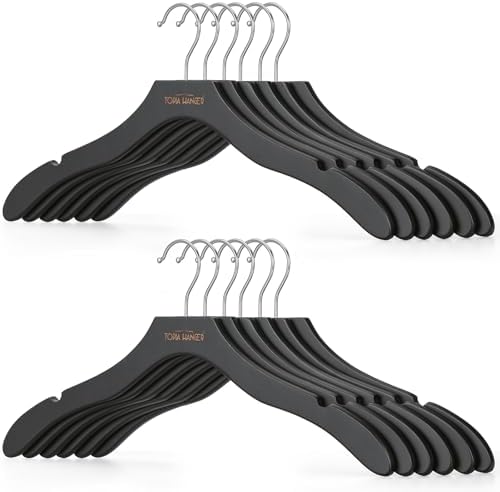 TOPIA HANGER Wooden Hangers for Women, Premium Sweater Hangers No Shoulder Bump, 360° Swivel Hook and Cut Notches Clothes Hangers for Sweater, Coat, Shirts, Hoodies, Dress, 12 Pack Black CT84B