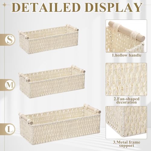 Boao 3 Pcs Boho Storage Wicker Baskets Handmade Woven Decorative Paper Rope Baskets for Organizing with Handle Counterto