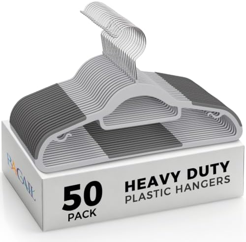 Heavy Duty Standard Plastic Hangers 50 Pack with Non-Slip Design,360°Swivel Hook Space Saving Organizer for Bedroom Closet,Shirts,Pants,Strong Enough for Coat(Grey)