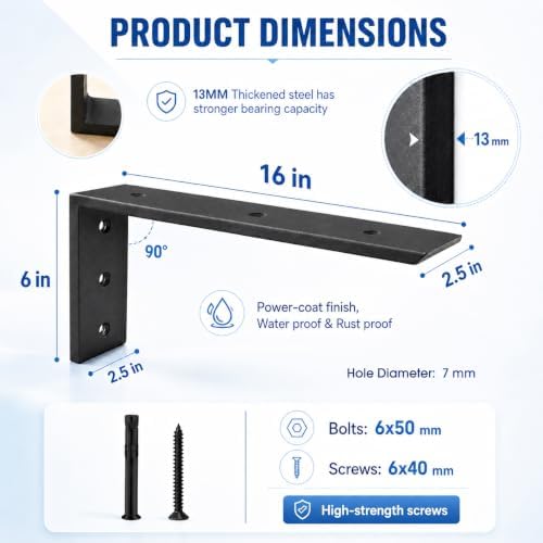 WINKER Countertop Support Bracket 3 Pack Heavy Duty 1/2" Thick Hidden L Shelf Bracket 16" x 6" x 2.5" Metal Corbels for 