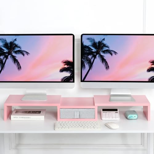 TEAMIX Pink Dual Monitor Stand Riser with Drawer - Length and Angle Adjustable Double Corner Desk Shelf Organizer 37 inc
