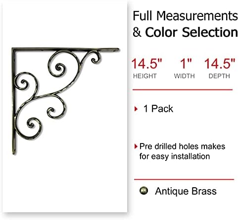 NACH Decorative Shelf Brackets, 1 Pack of 14.5 x 1 x 14.5 inch, Antique Brass Cast Iron Shelving Brackets - Metal Shelf 