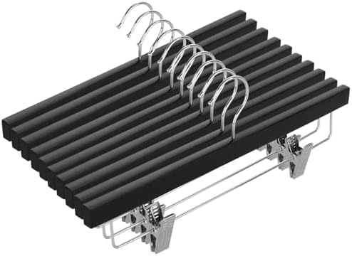 AMKUFO 20pcs Wooden Pants Hangers Solid Pants Hangers with Adjustable Clips 14 Inch Black Wood Skirt Hangers Trousers Bottom Hangers with Non-Slip Clips and 360° Swivel Hook