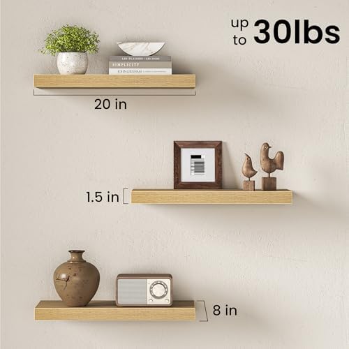 20" Floating Shelves for Wall, Set of 3, 8" Deep, 1.5" Thick, Oak Finish