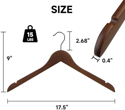 Wooden Top Hangers with 360° Swivel Hook, Walnut, 12-Pack
