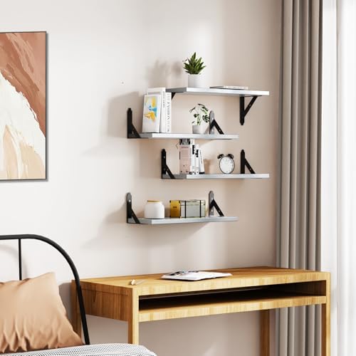 ROMGUAR CRAFT Wood Wall Floating Shelves Set of 4, 17" x 6" - Light Grey