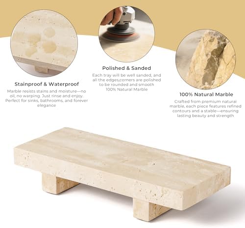 Natural Travertine Tray Pedestal Stand for Bathroom Countertop, 9" x 4" Stone Riser for Soap, Perfume & Candles, Waterpr