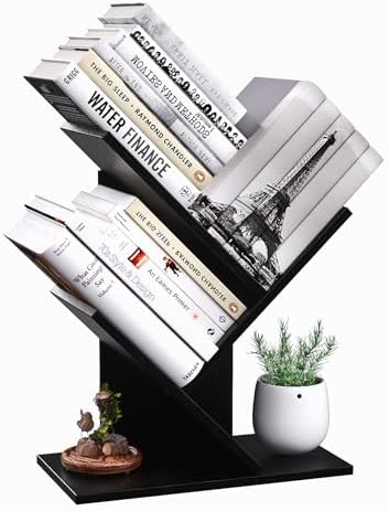 R RUISHENG 3 Tier Small Tree Bookshelf Storage Organizer Shelves Floor Standing Bookcase Desk Wood Storage Rack for Home