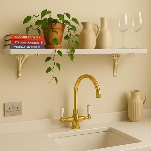 Khtumeware 100% Solid Brass Decorative Shelf Brackets, 4.5-inch Wall-Mounted Shelving Brackets, 2-Pack Antique Gold Vint
