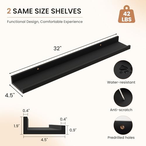 Dreamland Picture Ledge Shelf for Wall, Floating Shelves Set of 2, 32 Inch Long Floating Shelves with Lip for Living Room, Bedroom, Bathroom, Kitchen, Black