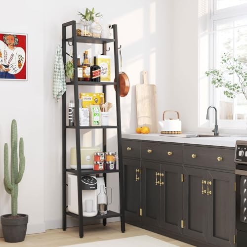 YMYNY 5 Tiers Ladder Bookcase, Industrial Narrow Bookshelf, Open Display Rack with 4 S Hooks, Metal Storage Shelves for 