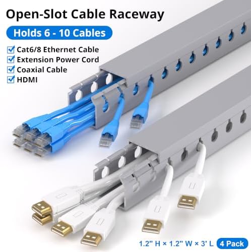1.2"H x 1.2"W Cable Raceway, 12ft Under Desk Wire Management Channel, Grey