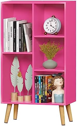 LEYAOYAO 5 Cube Bookshelf, Mid-Century Modern Book Shelf with Legs, Pink