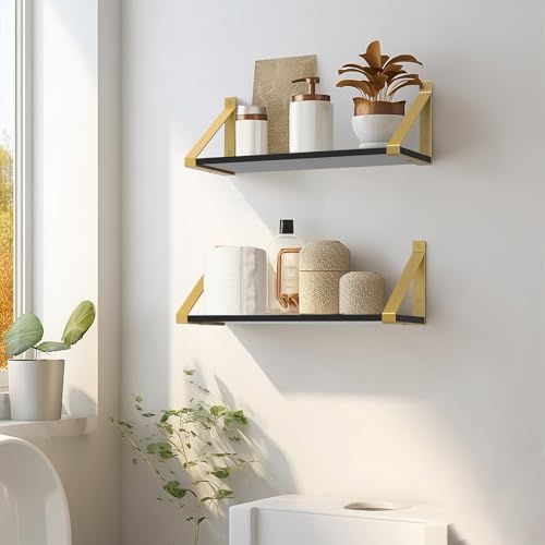 Gold Black Floating Shelves Wall Mounted Set of 2, 8mm Transparent Acrylic, Invisible Wall Shelves for Bedroom, Living R