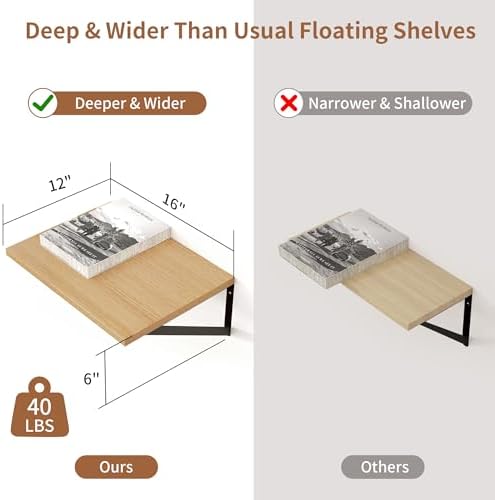 Axeman Deep Floating Shelves, 12 Inch Deep Rustic Oak Floating Wall Shelves Set of 2, 16W x 12D Large Floating Shelves L