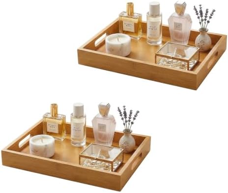 Perfume Plate Tray with Handle - Natural Bamboo Wood Display Tray for Dresser, Coffee Table, or Bathroom, 11.4x7.9 Inche