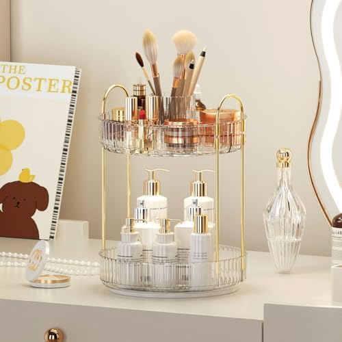360° Rotating Makeup Organizer, Upgraded 2 Tier Skincare Perfume Organizers for Women, Bathroom Organizer Countertop, Cl