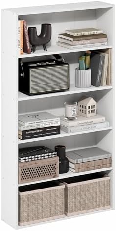 Furinno Basic Book Shelf, 5-Tier Bookshelf, Storage Organizer Bookcase with Open Shelf, 7 x 24 x 44, for Living Room, Be