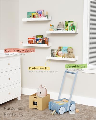 White Scalloped Nursery Floating Shelves for Wall, Scallop Kids Book Shelf