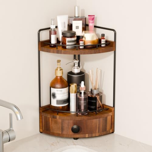 2-Tier Corner Bathroom Counter Organizer with Drawer, Acacia Wood