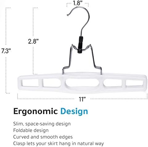 Quality Hangers 10 Pack Premium Skirt Hangers - Thin Space Saving Pant Hangers Set with Clamp, Shorts Hangers with Heavy Duty Locking Clasp, Multipurpose Jean Hangers Set - White