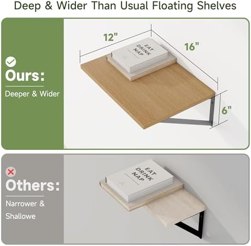 Heimlove 16W x 12D Deep Floating Shelves Set of 4 Oak