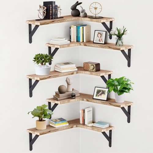 Set of 5 Corner Floating Shelves, Rustic Wood Shelve, Light Brown