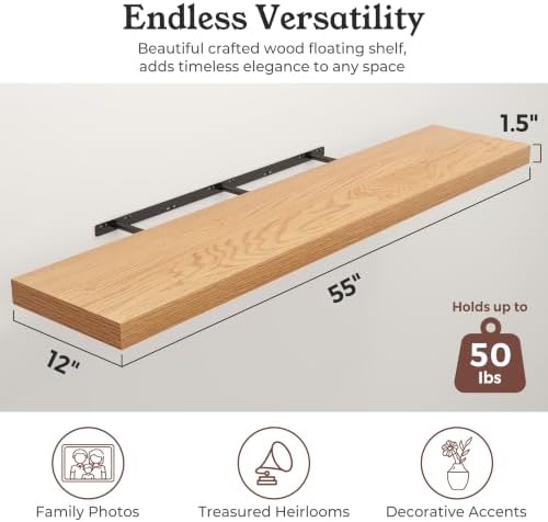 48" Natural Oak Color Floating Shelves 12inch Deep Shelf, Set of 1