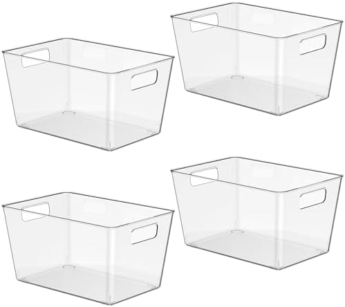 4 Pack Clear Plastic Storage Bins, 11" Large Pantry Organizer Bins with Handles, Plastic Containers for Refrigerator,BPA