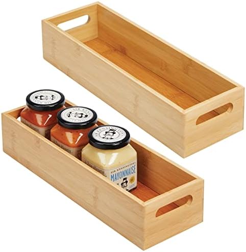 mDesign Set of 2 Kitchen Storage Box – Open-Top Bamboo Storage Tray with Handles – Ideal for Use as a Cupboard Organiser