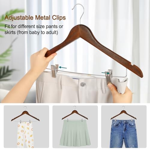 TOPIA HANGER Wooden Suit Hangers with Adjustable Metal Clips (20 Pack), Solid Wood Clothes Hangers, 360° Swivel Hook, Premium Retro Finish Pants Hangers for Clothes Coat, Jeans, Blouse-CT28A20