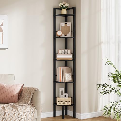 Tajsoon Small Corner Shelf Stand 5 Tier 60.5" with Metal Frame, Black